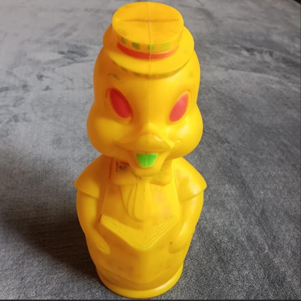 1960s Vintage Blow Mold Duck Coin Bank Plastic Plug 60s Kids Piggy Bank Decor
